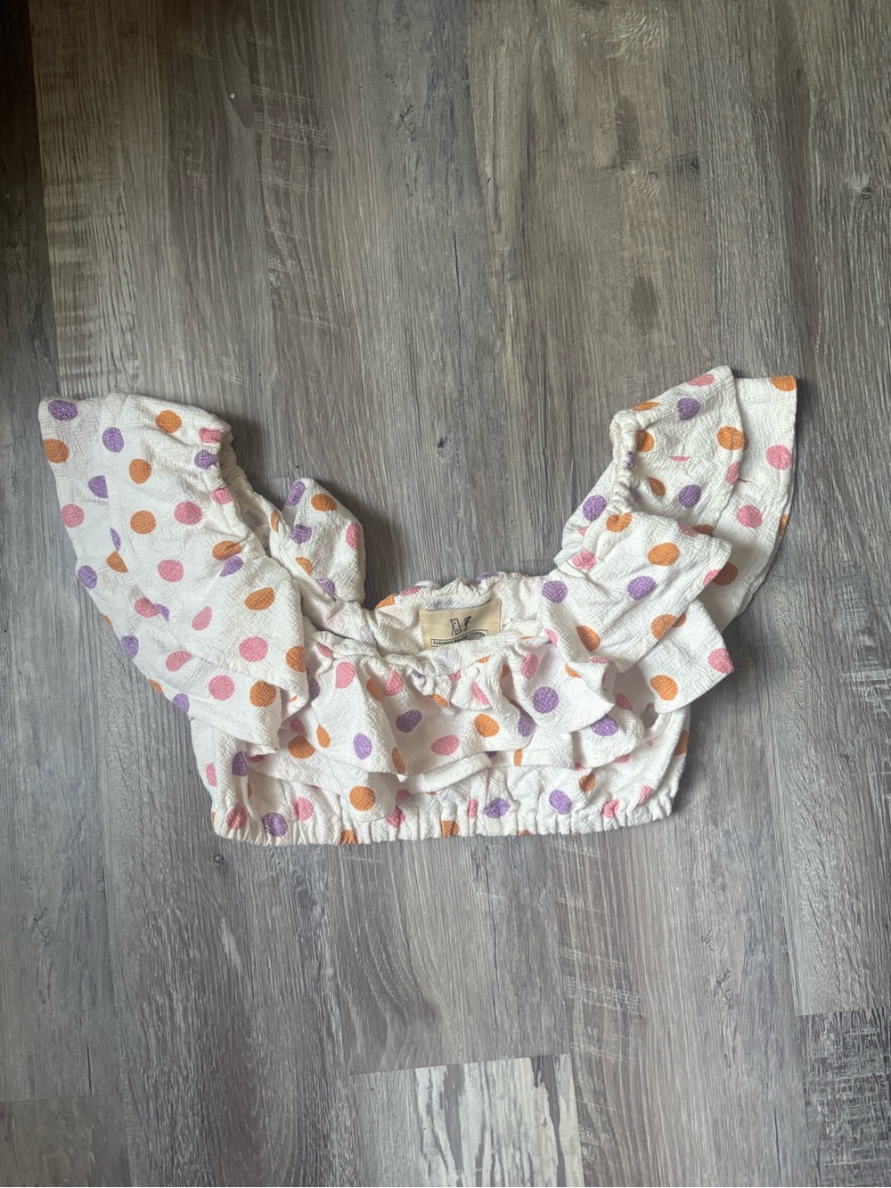 Fashion Brand Company  White Ruffled Crop Top with Orange and Purple Polka Dots